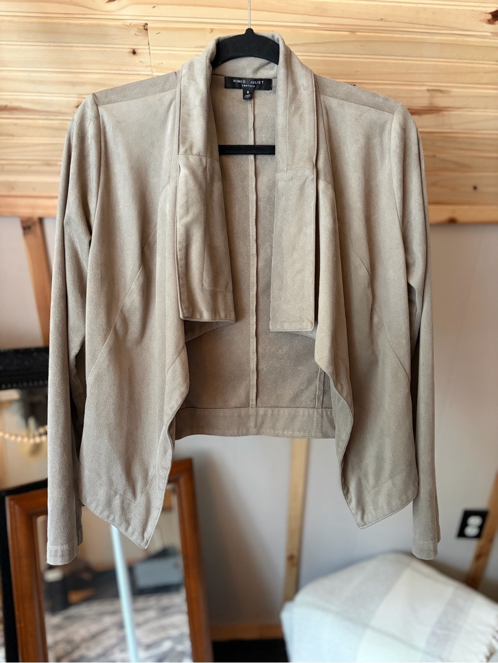 Trendy Romeo & Juliet Couture Taupe Open-Front Draped Jacket Size Small